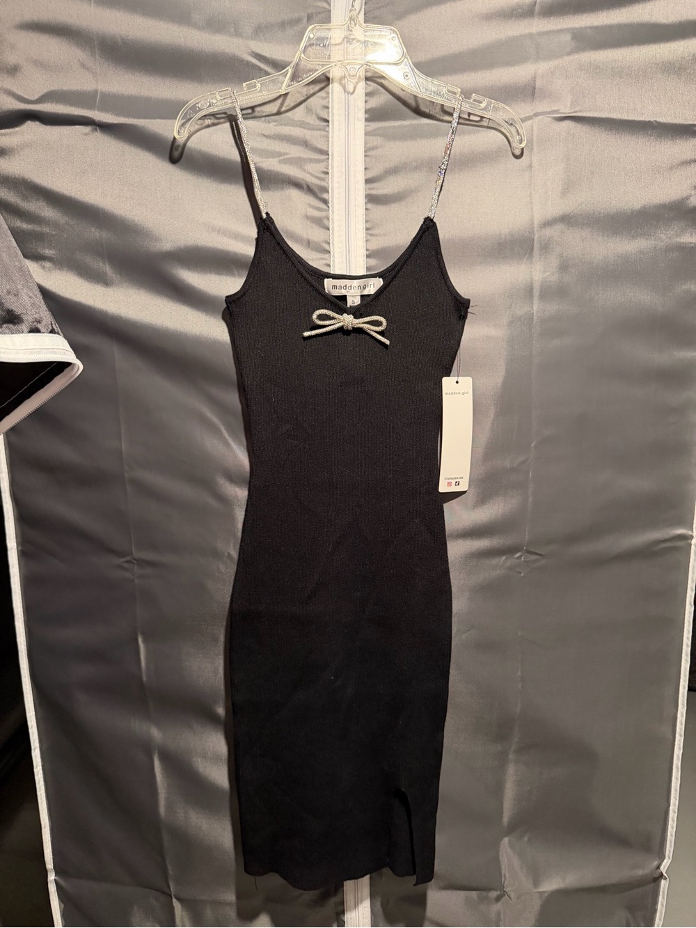 Madden Girl Black Ribbed Slip Midi Dress with Contrast Bow